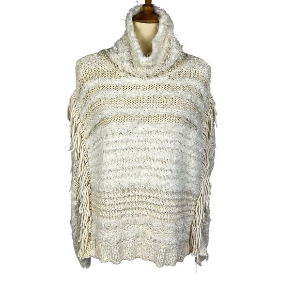 Anthropologie Marilyn Ivory Fringed Boho Cowl Oversized Knit Poncho Sweater XS S - Picture 1 of 10